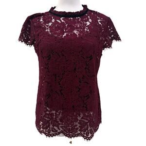 WHBM Burgundy Wine Lace Blouse High Neck XS Whimsigoth Velvet Office Academia
